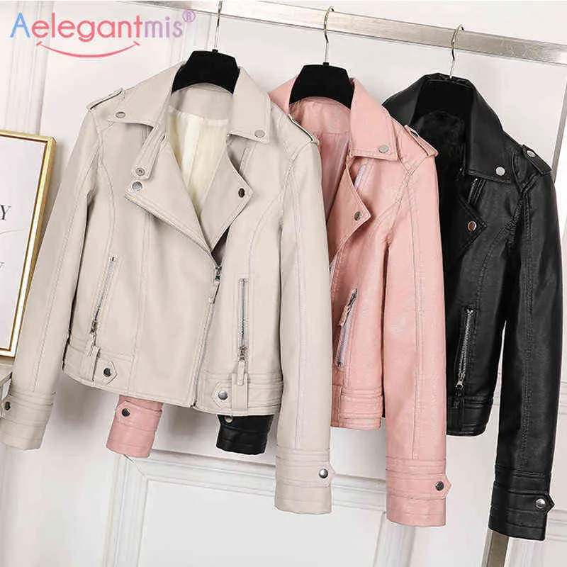 Aelegantmis Moda Feminina Mulheres Faux Couro Casaco Casual Motociclista Motocicleta Casacos Feminino Punk Streetwear Primavera Outono Casaco 211130