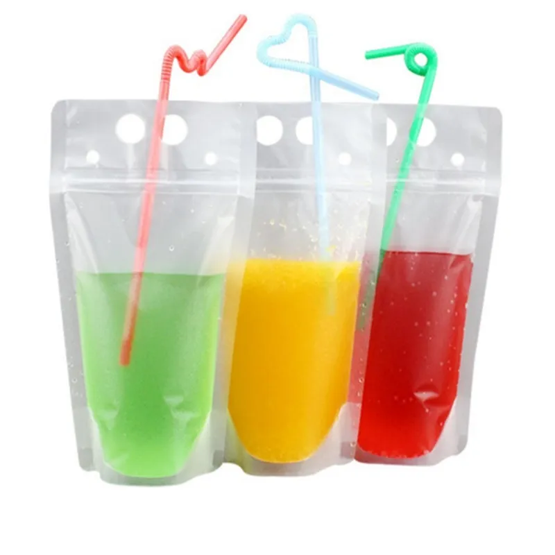 500ml 700ml Empty Clear Drink Pouches Bags Zipper Stand-up Disposable Plastic Drinking Bag with Straw with Holder