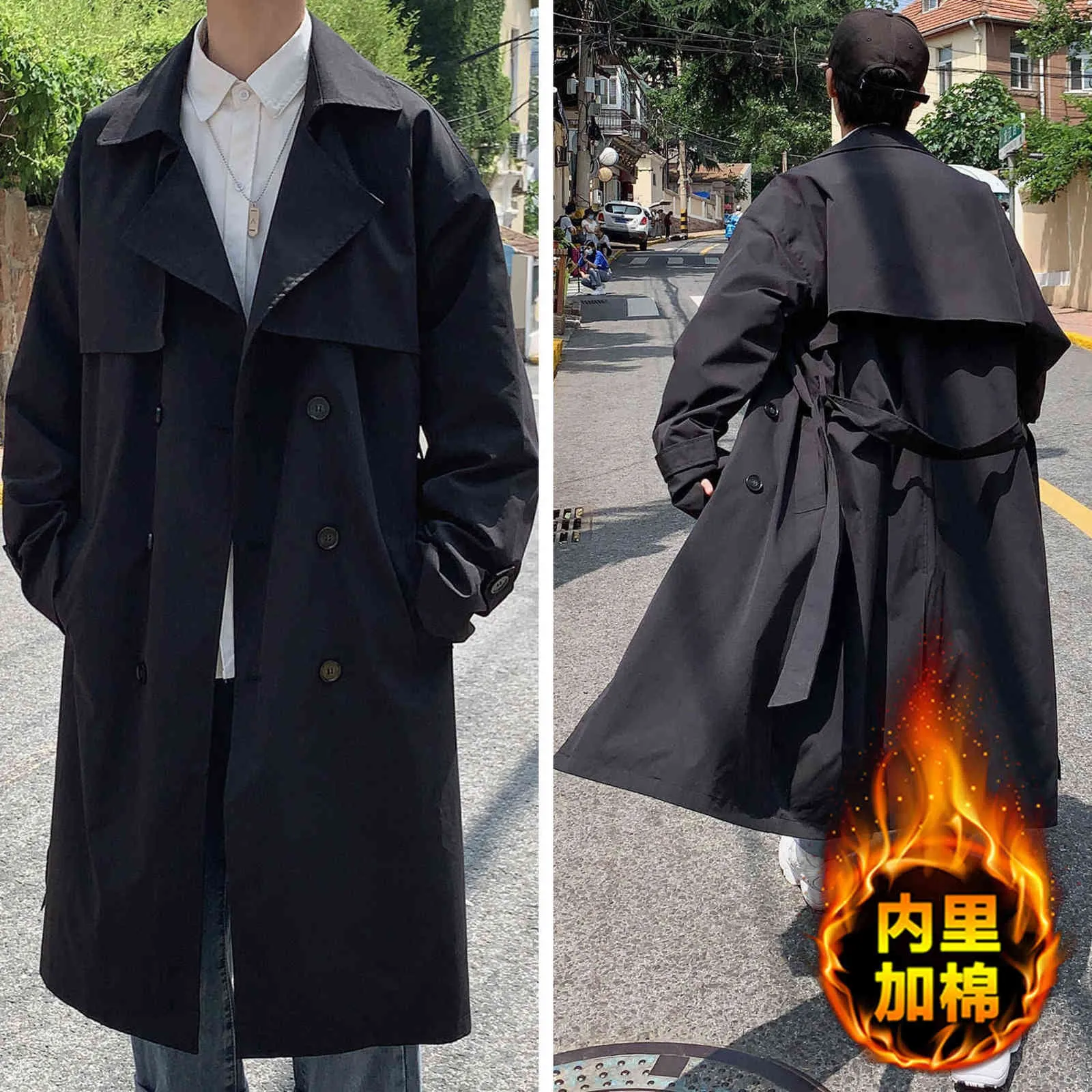 Koreaanse stijl winter warme mantel trenchcoat mannelijke streetwear windjack trenchcoat mannen solid zakelijke casual losse lange overjas 211106