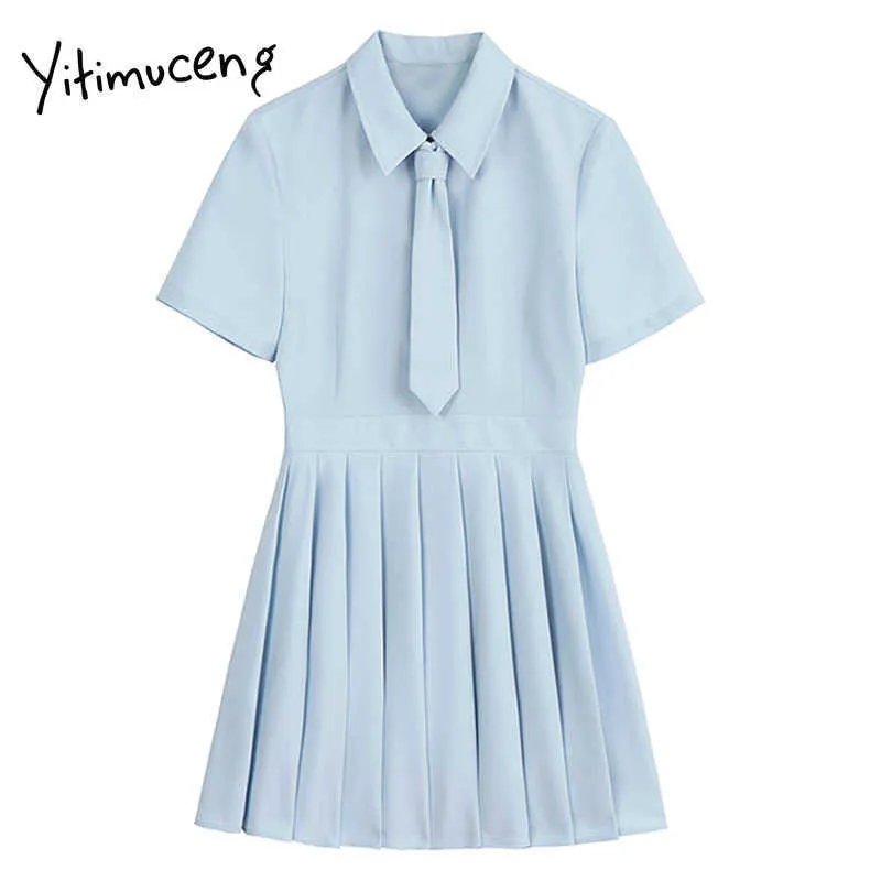 Yitimuceng geplooide jurk vrouwen blauwe zomer hoge taille draai kraag mini jurken met tie preppy stijl harajuku y2k 210601
