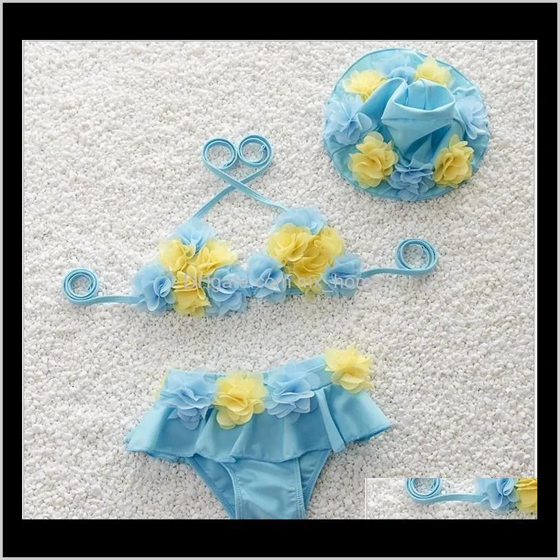 2017 new baby girls lace flower bikini swimsuit cute girl lace tulle floral swimwear kids three pieces swim clothing with hats bathing