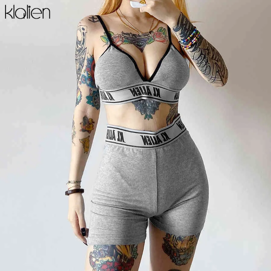 KLALIEN sexy v neck crop top and shorts 2 piece set women print letter tracksuit fitness outfit slim soft cotton biker short set X0428