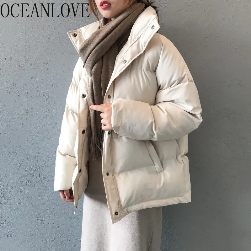 Płaszcz zimowy Kobiety Stojak Collar Solid Ciepłe Krótkie Parkas Moda Koreański Zamek Mujer Chaqueta Gruby 18454 210415