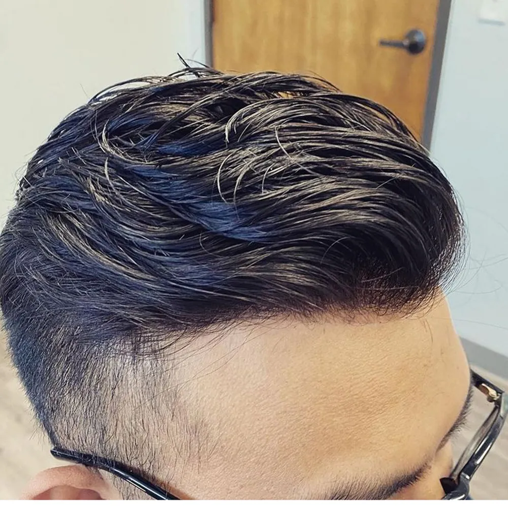 얇은 피부 이마 레미 인간의 머리카락 남자 toupee 전면 toupee v 루프 자연 hairline 교체 시스템 블랙