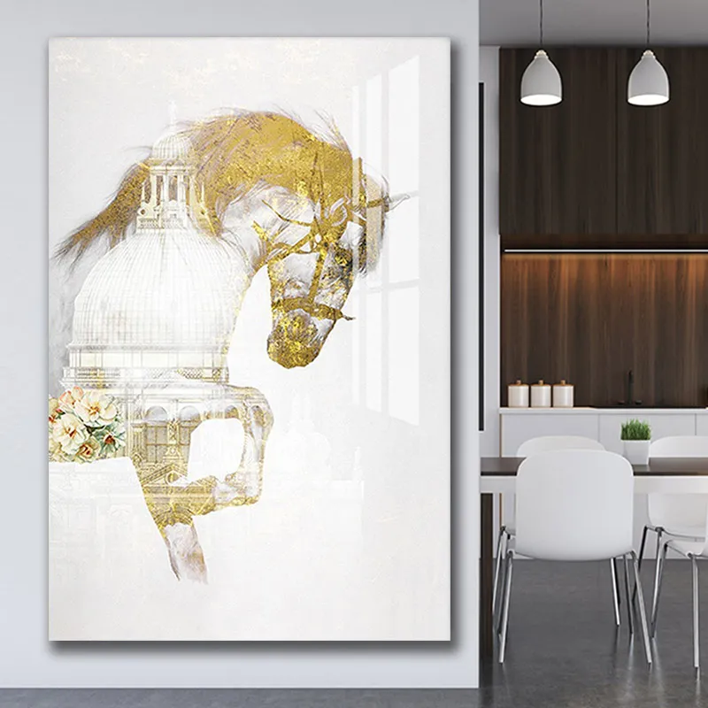 Pittura moderna di arte della parete Cavallo dorato vintage Architettura bianca Stampa su tela per soggiorno Decorazioni per la casa Senza cornice
