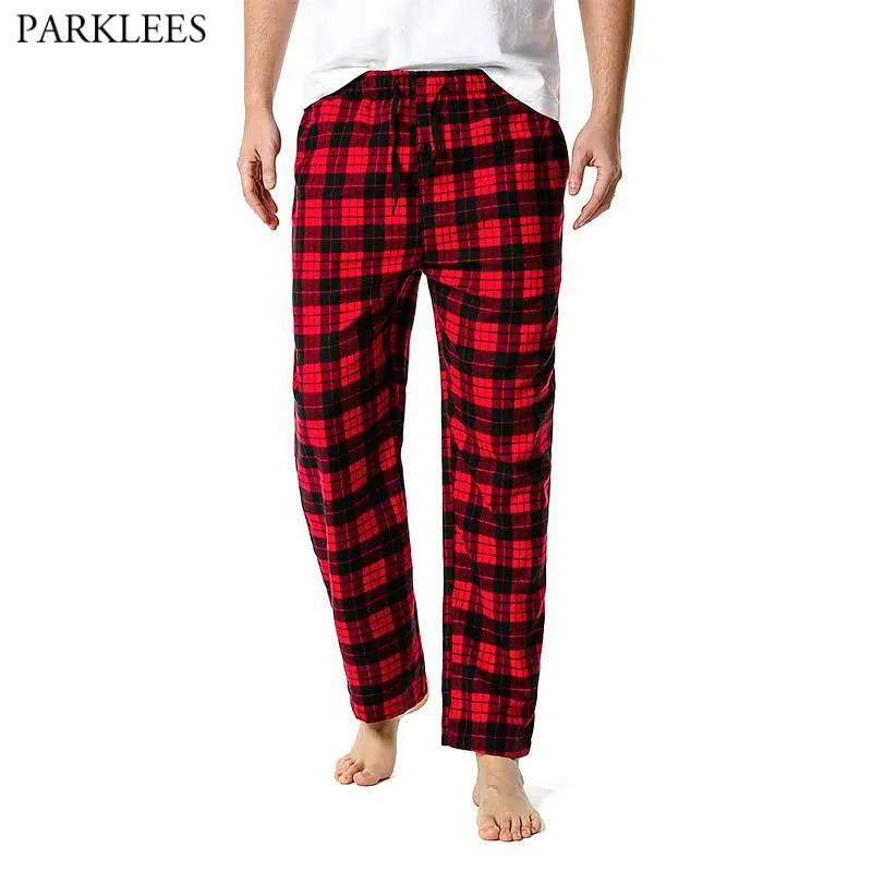 Rot Schwarz Plaid Pyjama Hosen Männer Faulenzen Entspannte Haus PJs Schlaf Bottoms Herren Flanell Baumwolle Kordelzug Knopf Fly Nachtwäsche 210522