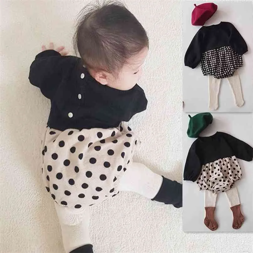 Koreanska Baby Bodysuits Minimalistiska Barnkläder Söt Dot Butt-Wrapped Jumpsuit Girl's Checked 210702