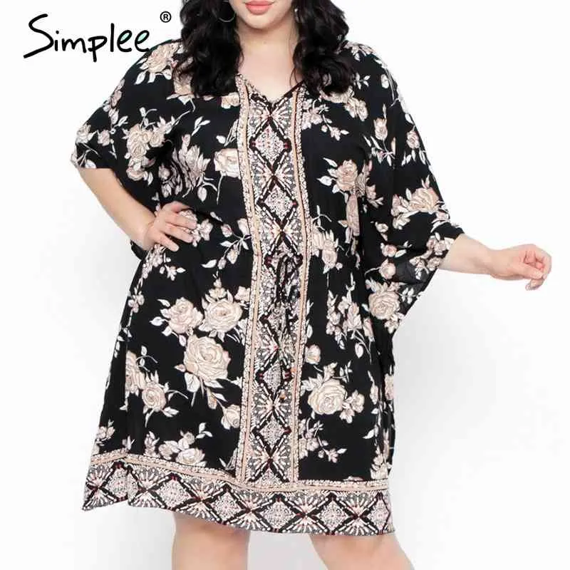 Boho blommigryck plus storlek kvinnor sommar långärmad v nacke kort klänning kimono semester casual loose beach vestidos 210414