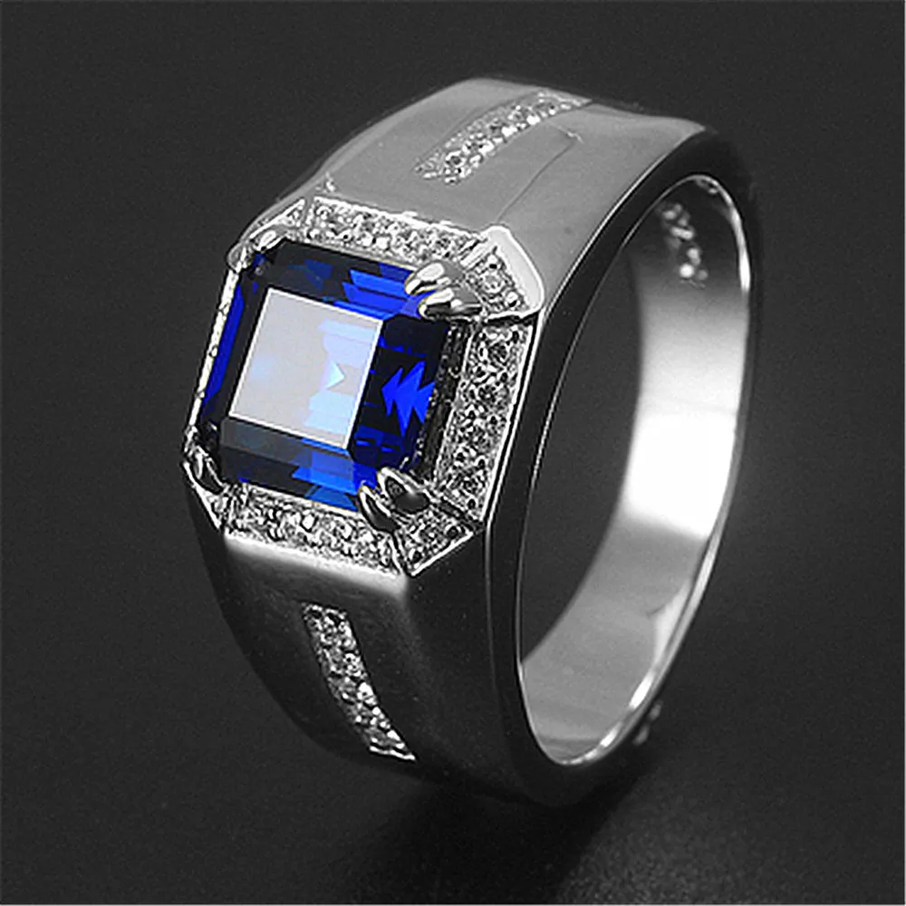 Klasik Kare Mavi Kristal Safir Gemstones Elmas Yüzükler Erkekler Için Beyaz Altın Gümüş Renk Bague Takı Aksesuar Hediyeler