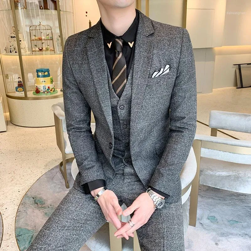 Men's Tracksuits 2021 Mens Business Suits Formal Tuxedo Social Casacas Hombre Azul Terno Preto Slim Fit Gray Retro Plaid