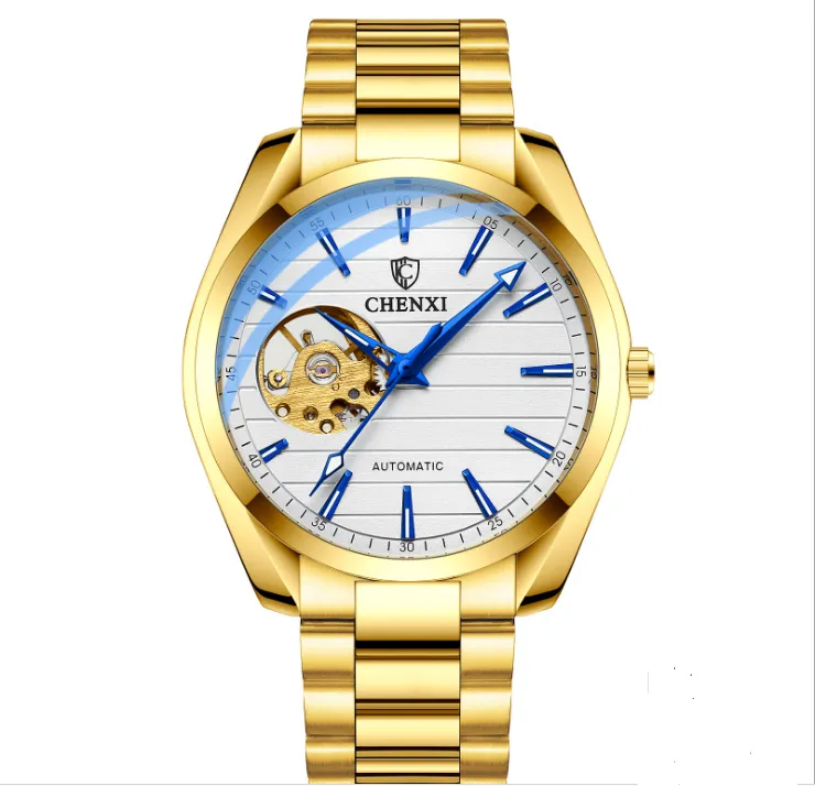 Chenxine automatische mechanische transparante beweging Lumineuze heren Watch Tourbillon Skeleton horloges roestvrijstalen band luxe holle out zakelijke polshorloges