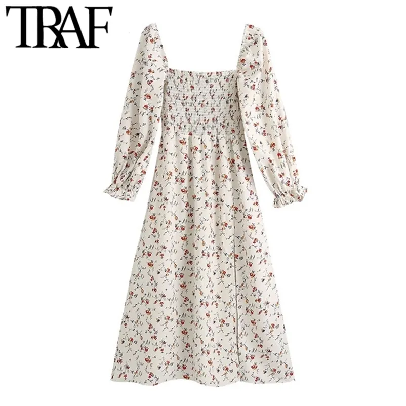 TRAF Women Chic Fashion Floral Print Smocked Midi Dress Vintage Square Collar Long Sleeve Side Slit Female Dresses 210806