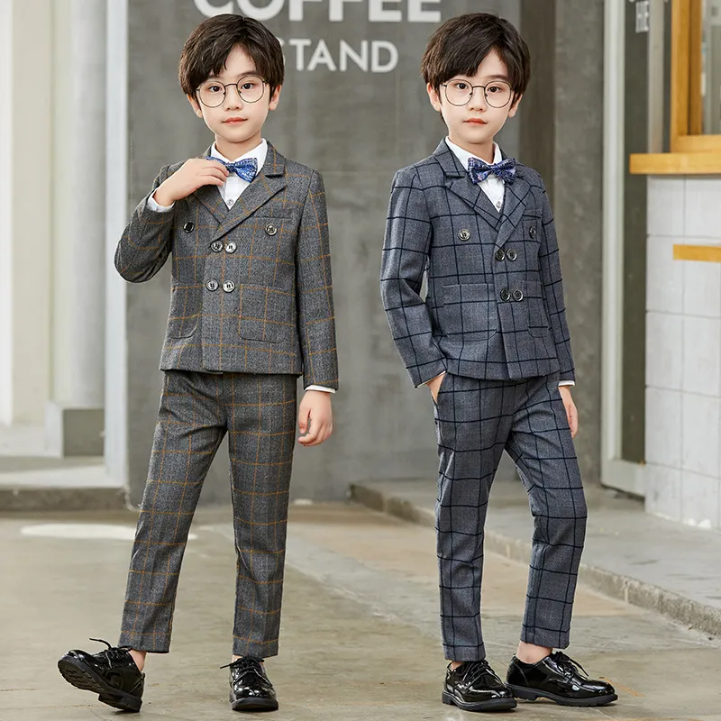 New Fashion Boys Optifit Children Gentleman Vêtements Ensembles Kids Double-Breasted Outwear + Vest + Shirt Long Mangel + Long Pantal