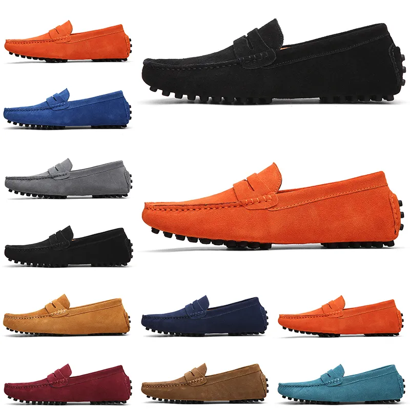 Män Kvinnor Running Suede Skor Svart Ljus Blå Röd Grå Orange Gröna Brun Mens Slip On Lazy Leather Shoe Non-Brand