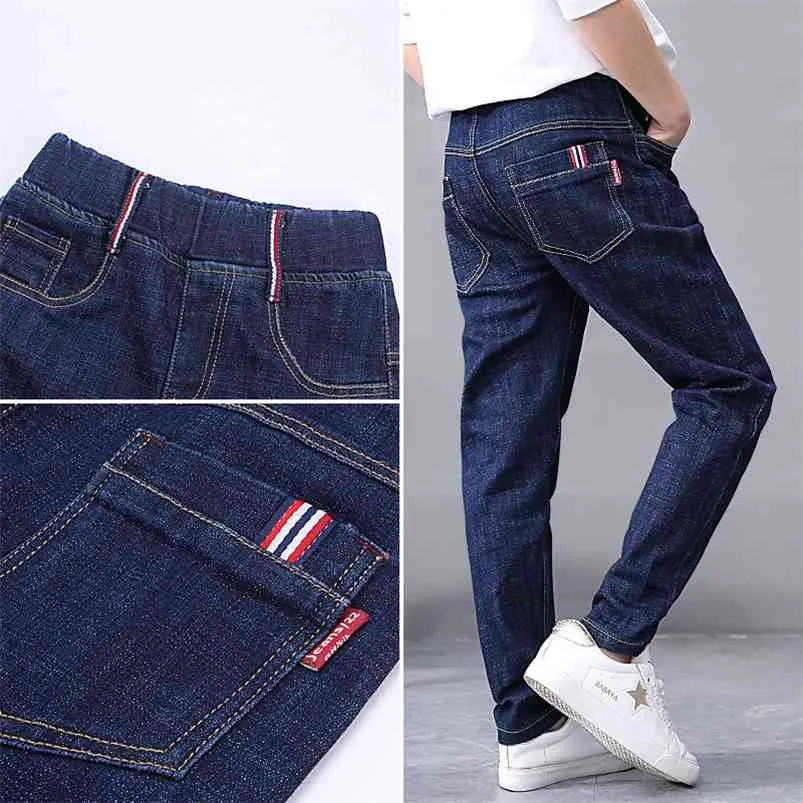 Mode baby jeans solide blauw denim broek voor grote jongens casual wassen losse kinderen lange broek dikke jongen kleding 210622