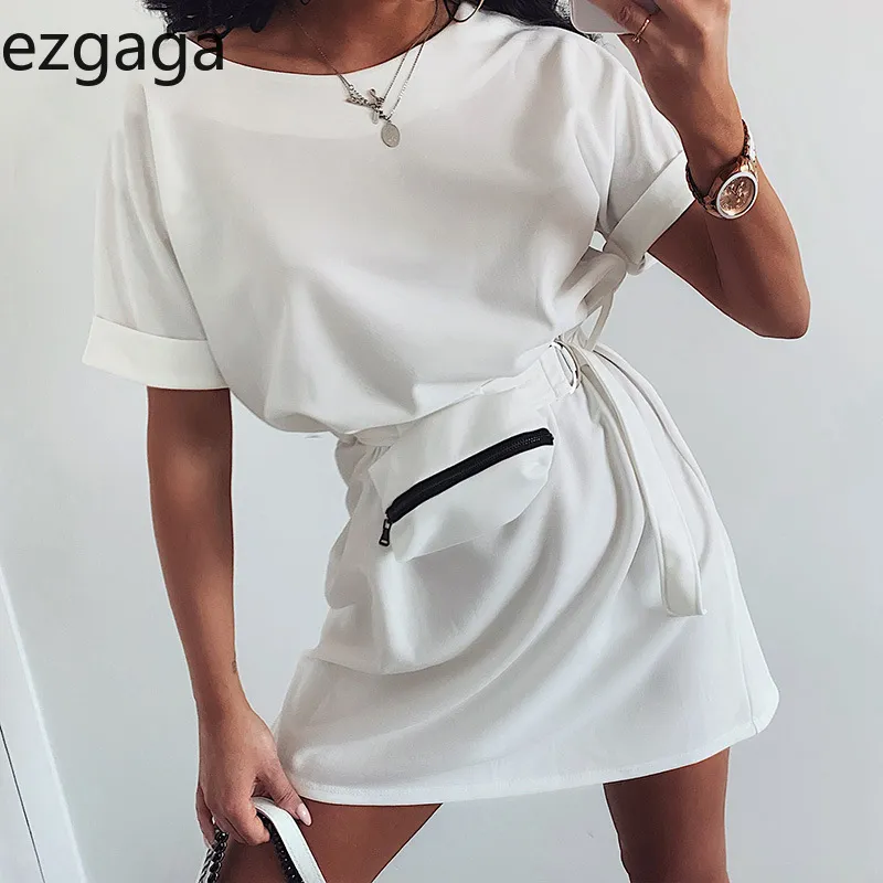 Ezgaga Mini Sukienki Dla Kobiet Krótki Rękaw O-Neck Moda Torba Talii Drawing Luźne Damskie Dress Undefined Soft Street Vestidos 210430