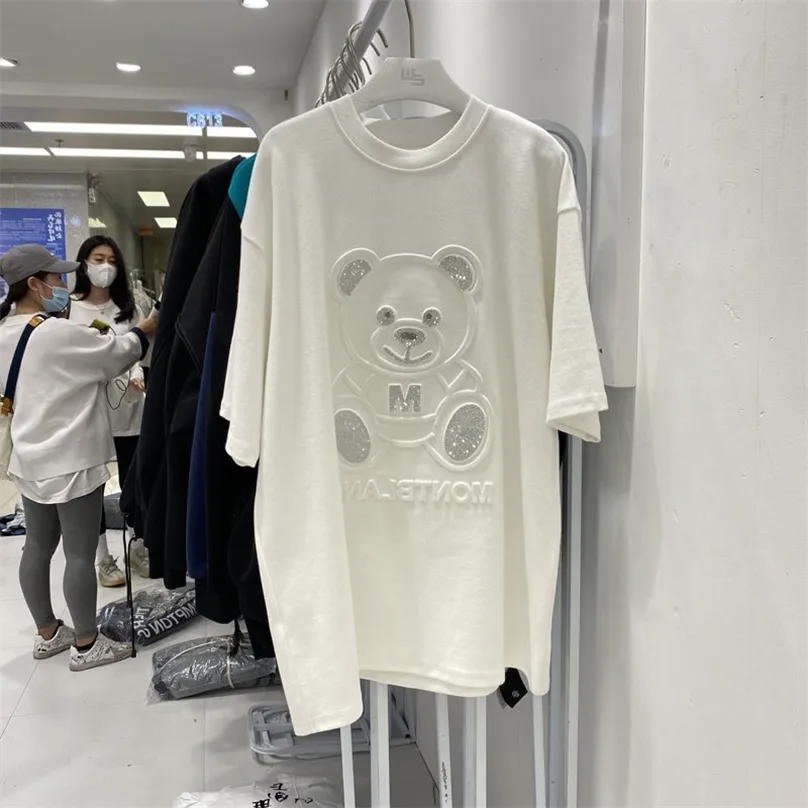 T-shirt Kvinnors Kortärmad Plus Size Summer Bear Half Top Loose Mid-Length Tshirt Diamonds Graphic Tee 210720