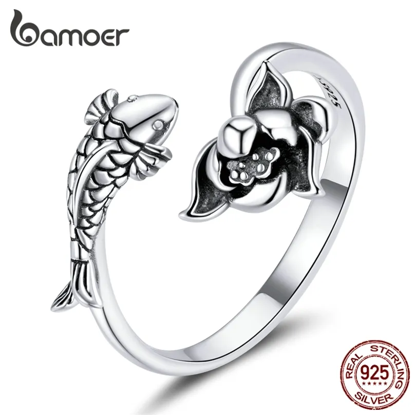 925 Sterling Silver Natural Koi Lotus Open Ring för Kvinnor Justerbara Smycken Uttalande Anniversary Gift BSR201 211217