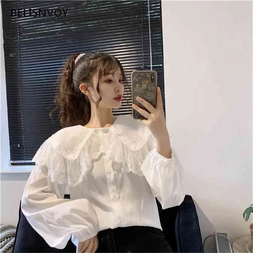 Japanese Sweet Kawaii Women Blouse Spring Autumn Lace Peter Pan Collar Solid Shirts Puff Sleeve Loose Female Korean White Blusas 210520