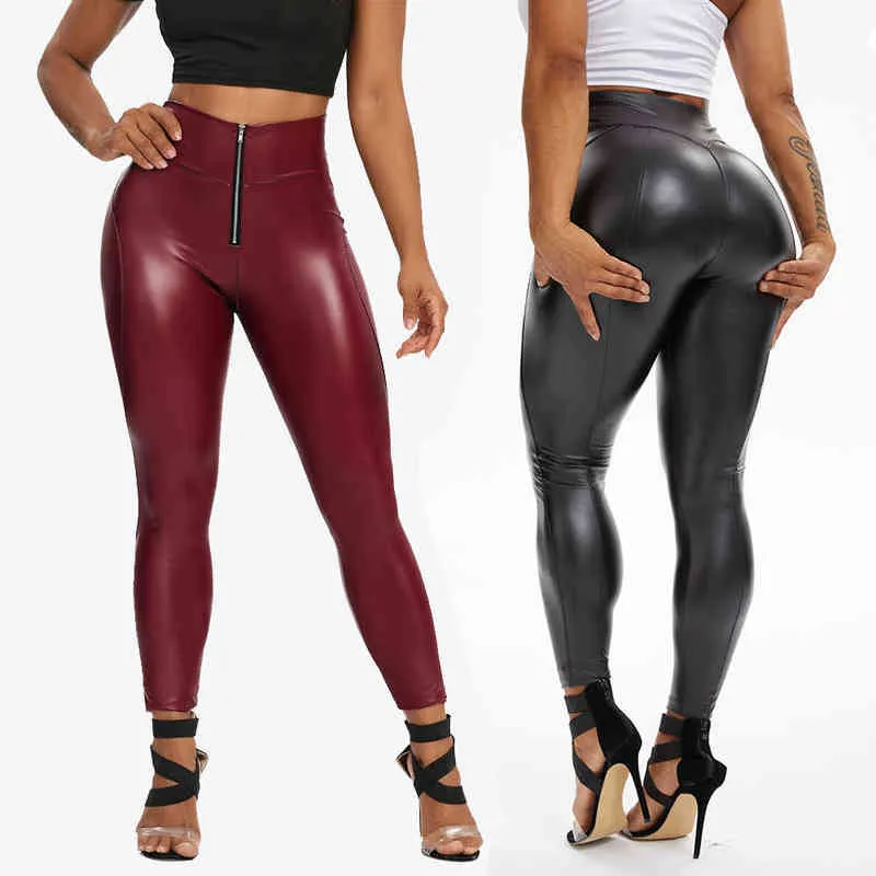 Leggings en similicuir pour femmes Pantalons PU Élastique Façonnant Hanche Push Up Noir Sexy Curvy Stretchy Taille Haute Collants avec Fermeture Éclair H1221