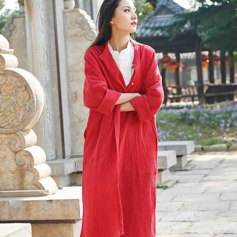 Johnature Spring Vintage wykopy Bawełniane Płaszcze Przycisk Damskie Cloths Kieszenie Chiński Styl Solid Color Women Trench 210521