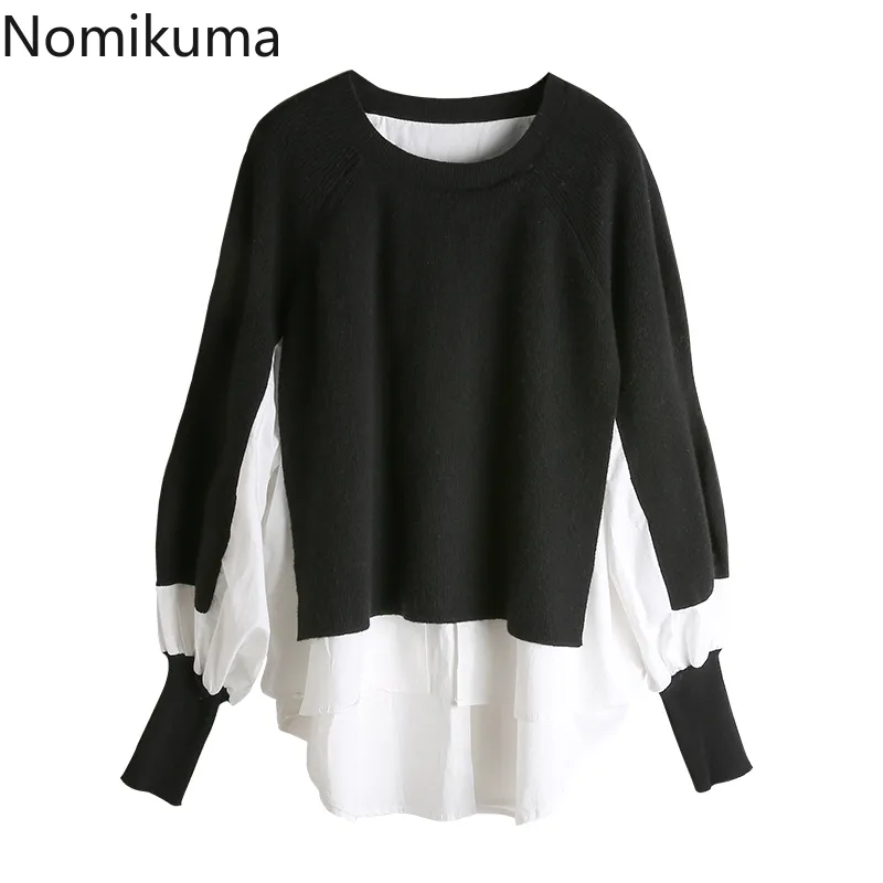 Nomikuma Pullweater Patchwork Blouse Fake Deux Morceaux Causes Causes Causes Sleeve O-Cou Tirez Femme Automne Hiver Tops 6C956 210427