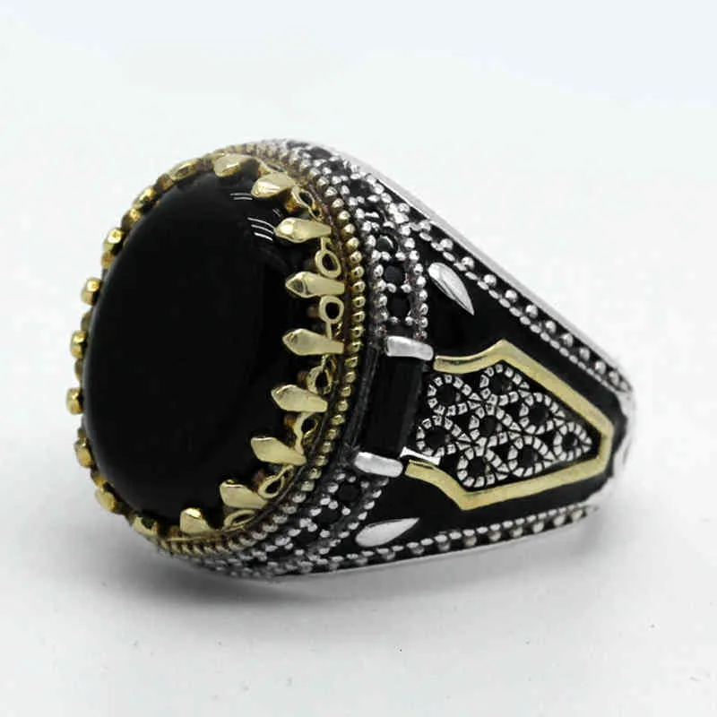 Natural Black Agate Stone for Men 925 Sterling Silver Golden Crown King Male Ring Vintage Turkish Handmade Jewelry Gift