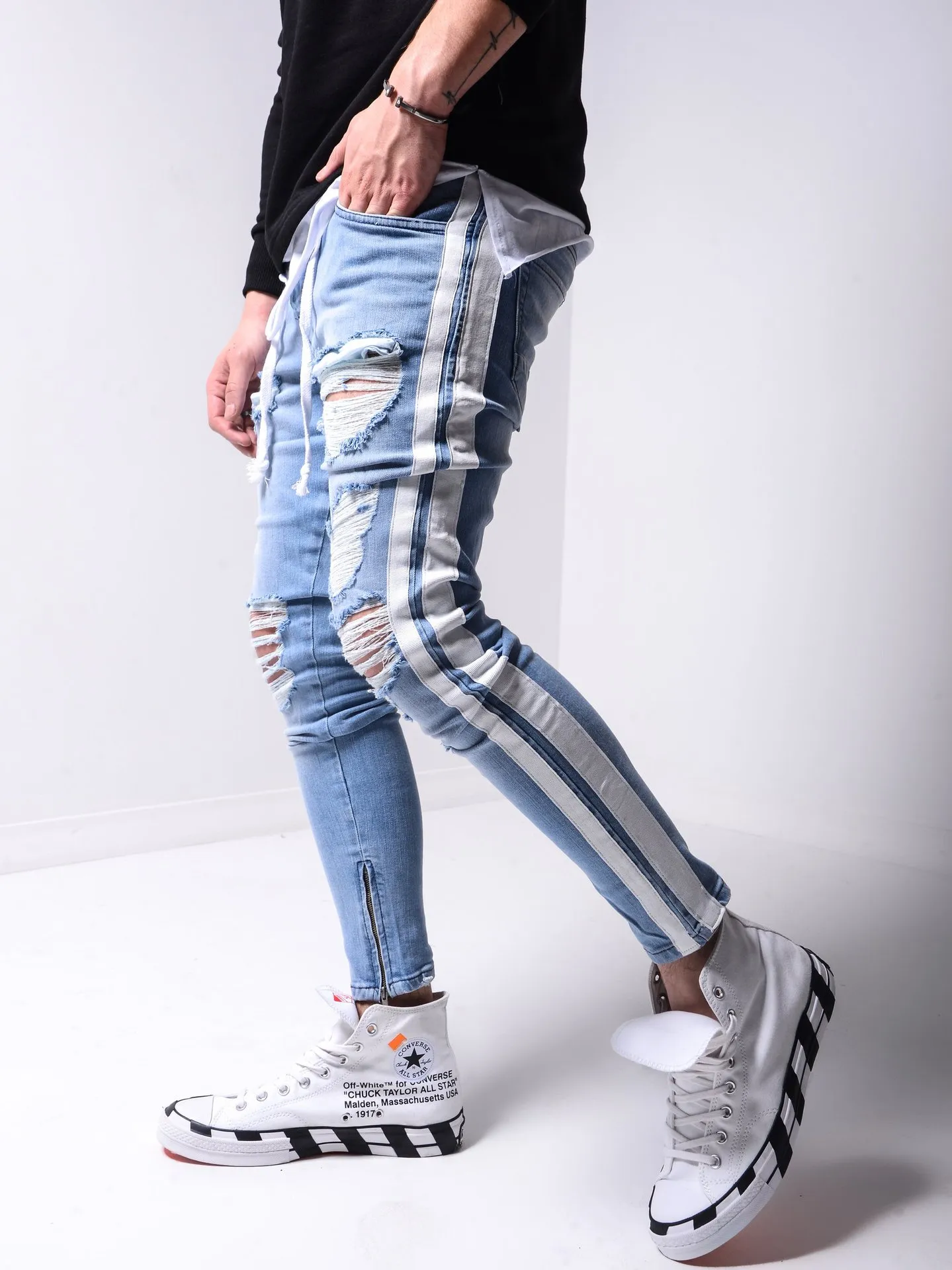 Sidor randig rippad jean herr mode denim långa blyertsbyxor kläder manlig svart high street smal cyklist jeans