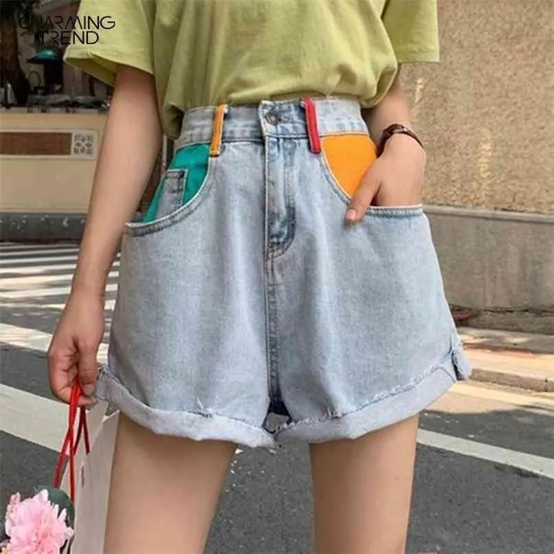 Summer Color Shorts Mulheres Calça Curta Splice Sport Sabor Retro Ladies Jean Ragged Side Wide Leg Tendência Denim 210724