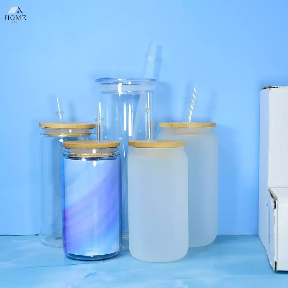 Sublimation Glass Beer Insulated Glass Coffee Mugs With Bamboo Lid