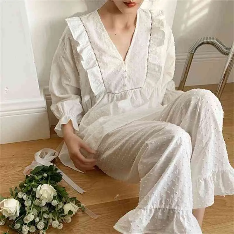 여성 로리타 도트 Pajama Sets.Stringy Selvedge 탑스 + 긴 바지. 빈티지 숙녀 도트 잠옷 세트 .Victorian Sleepwear Loungewear 210809