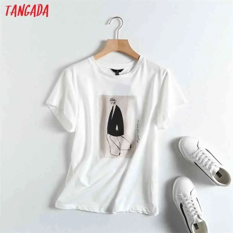 Tangada Summer Women Vintage Print T-shirt in cotone manica corta di alta qualità elegante da donna casual Tee Top 6D20 210623