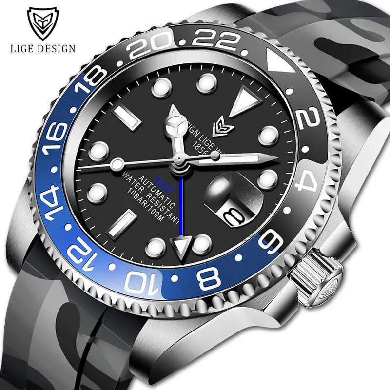 Lige mannen horloge GMT automatische mechanische horloges keramische bezel siliconen band 10bar waterdichte klokken 40mm Sapphire glazen horloges 210527