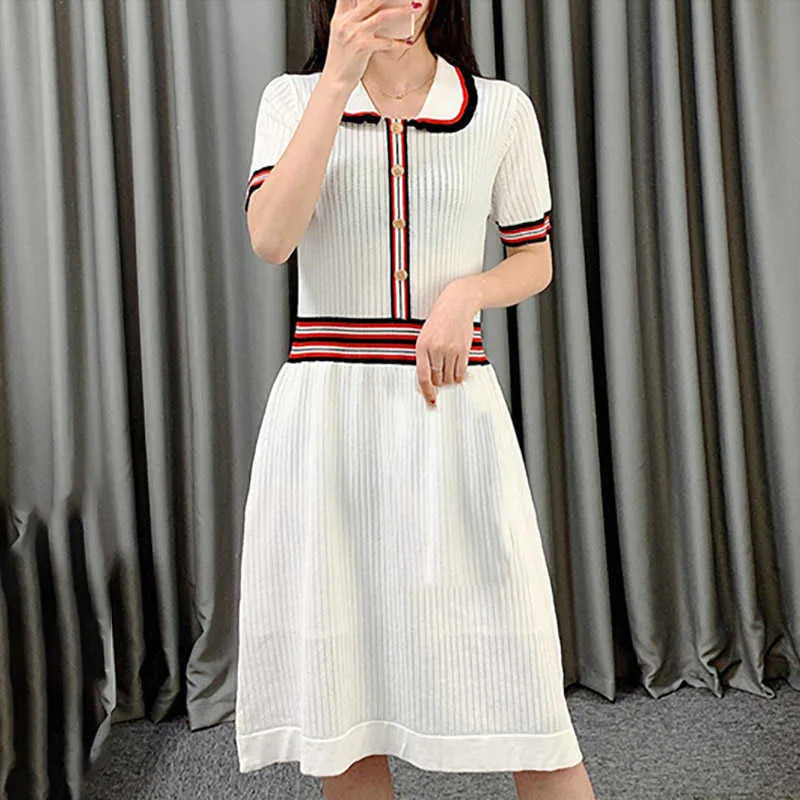 Gestricktes Kleid Frauen Koreanische Puppe Kragen Kurzarm Weibliche Dünne Midi Elegante Junge Frühling Sommer Einfache Kleider Vestidos Mujer 210527
