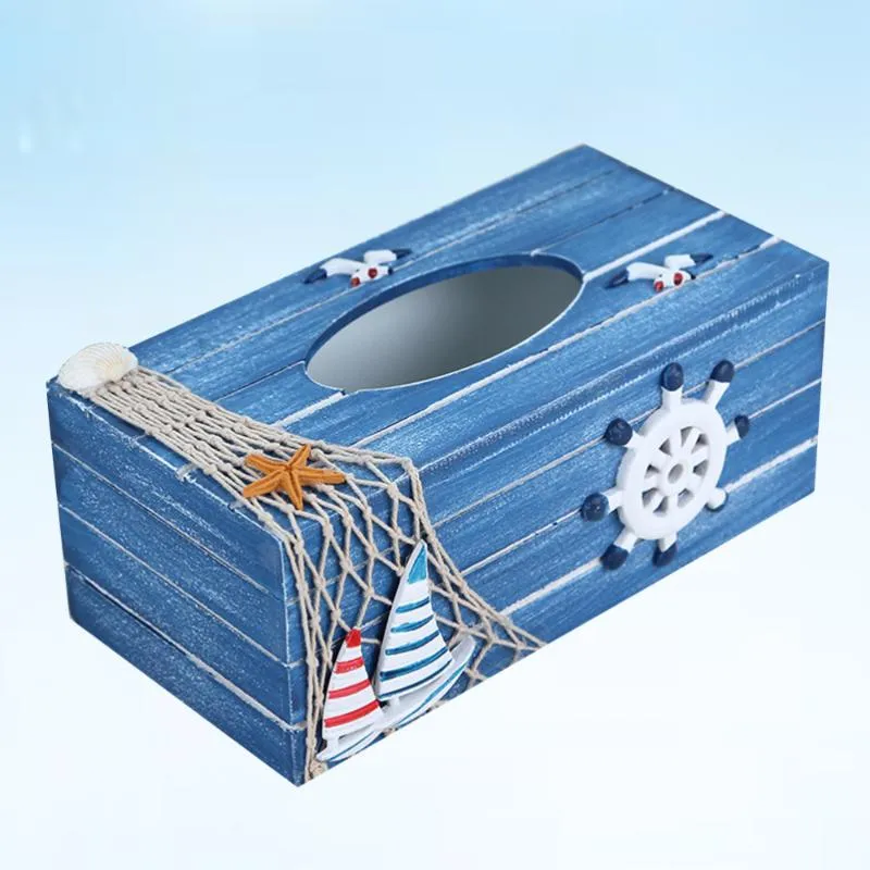 Vävnadslådor Servetter 1PC Medelhavet Dekorativ Box Trä Hantverk Förvaring Hem Desktop Decoration (Blue Rudder)