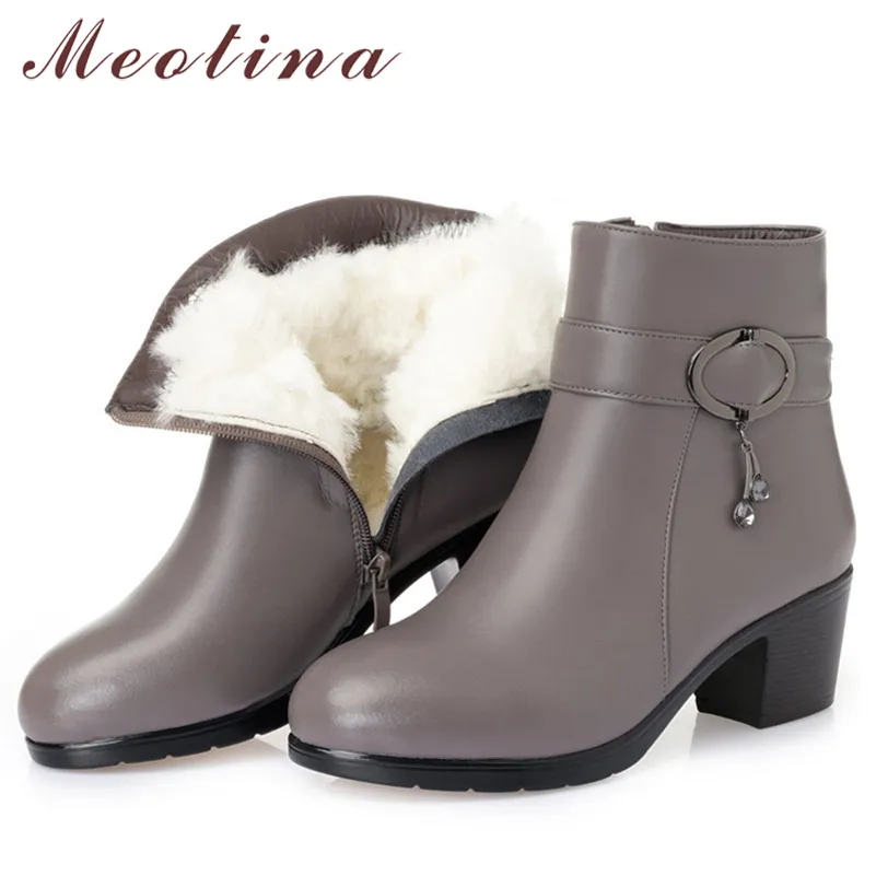 Meotina Real Wool Fur High Heel Ankle Boots Real Leather Women Shoes Buckle Crystal Block Heels Zip Short Boots Winter Brown 43 210520