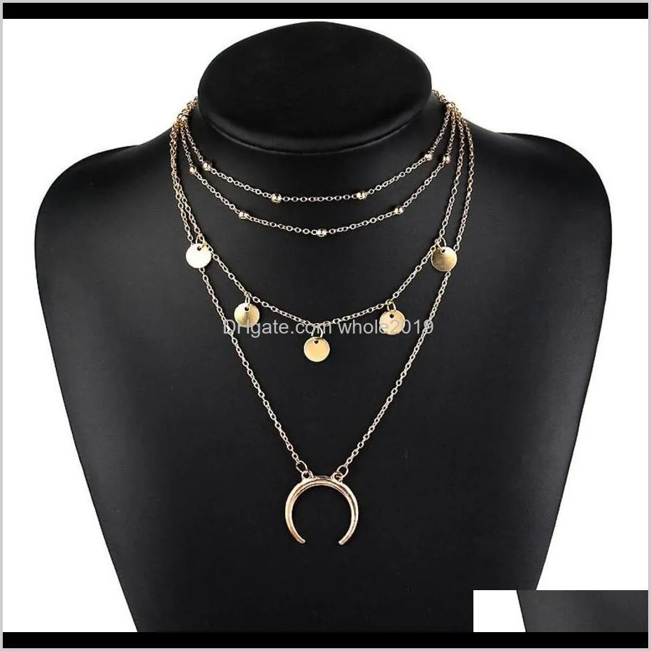 four layers moon disc pendant silver and gold plated with two layer bead choker metal chain for women necklace