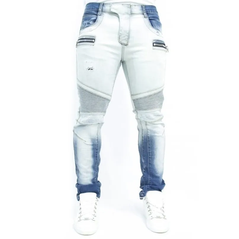 Men Jeans Straight Zipper Biker Pants High Waisted Spring Autumn Streetwear Male Desiger Washed Trousers 211108