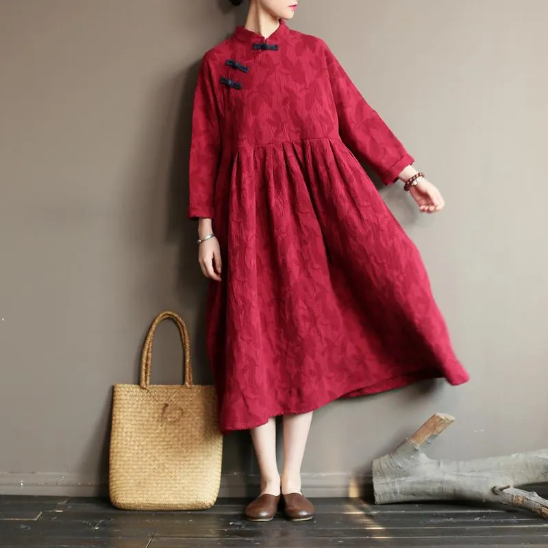 Lässige Kleider Nefeilike 2021 Herbst Winter Frauen Kleid Vintage Baumwollwäsche Roben stehen Langarmknopf Jacquard locker
