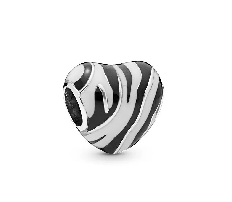 Fits Pandora Bracelets 30pcs Zebra-stripe Heart Enamel Silver Charms Bead Charm Beads For Wholesale Diy European Sterling Necklace Jewelry