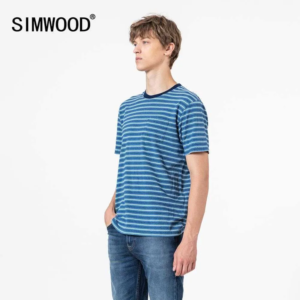 Sommer indigo gewaschenes gestreiftes T-Shirt Herrenmode 100 % Baumwolle Tops T-Shirt Plus Size T-Shirts SJ130695 210629