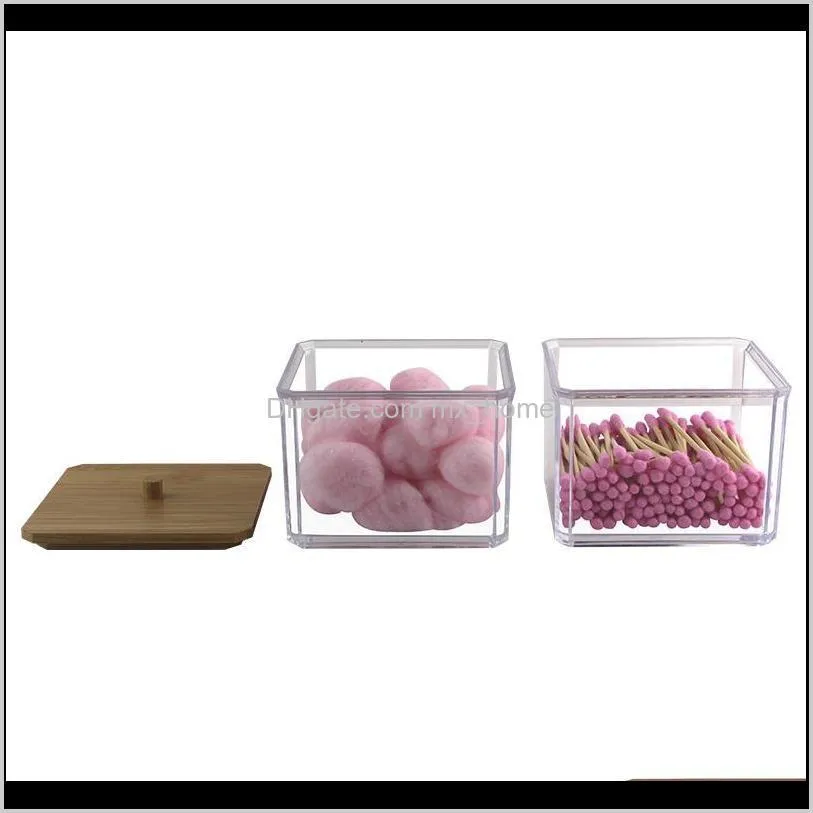transparent organizer cotton swab storage box organizador acrylic +wood pad cosmetic plastic bathroom boxes & bins