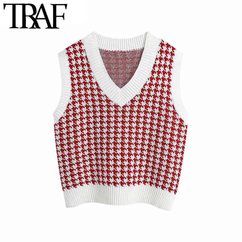 TRAF女性のファッション特大千鳥格子のニットベストセータービンテージVネックサイドベント女性ウィストコートシックジャンパートップ210415