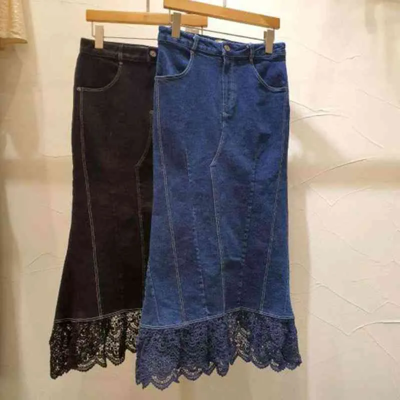 Coreano moda laço patchwork trombeta jeans saia primavera cintura alta saias womens all-match slim fit faldas mujer 210514