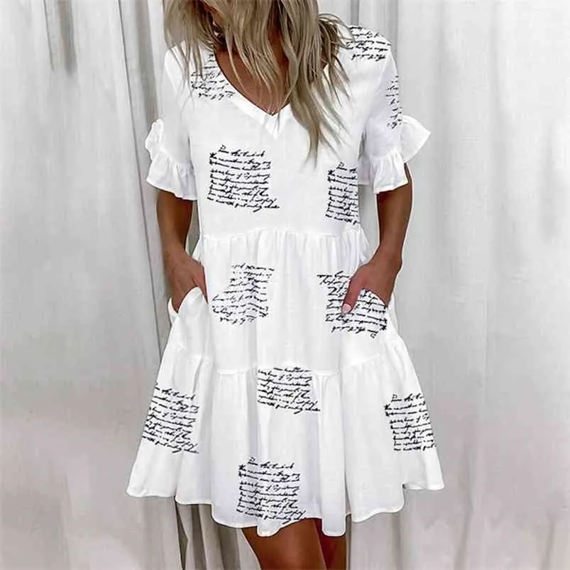 Повседневная оборками Свободные V-образные вырезывающие платье женщины лето с коротким рукавом цветочный принт женщина плюс размер мода белый пляж ES 210730