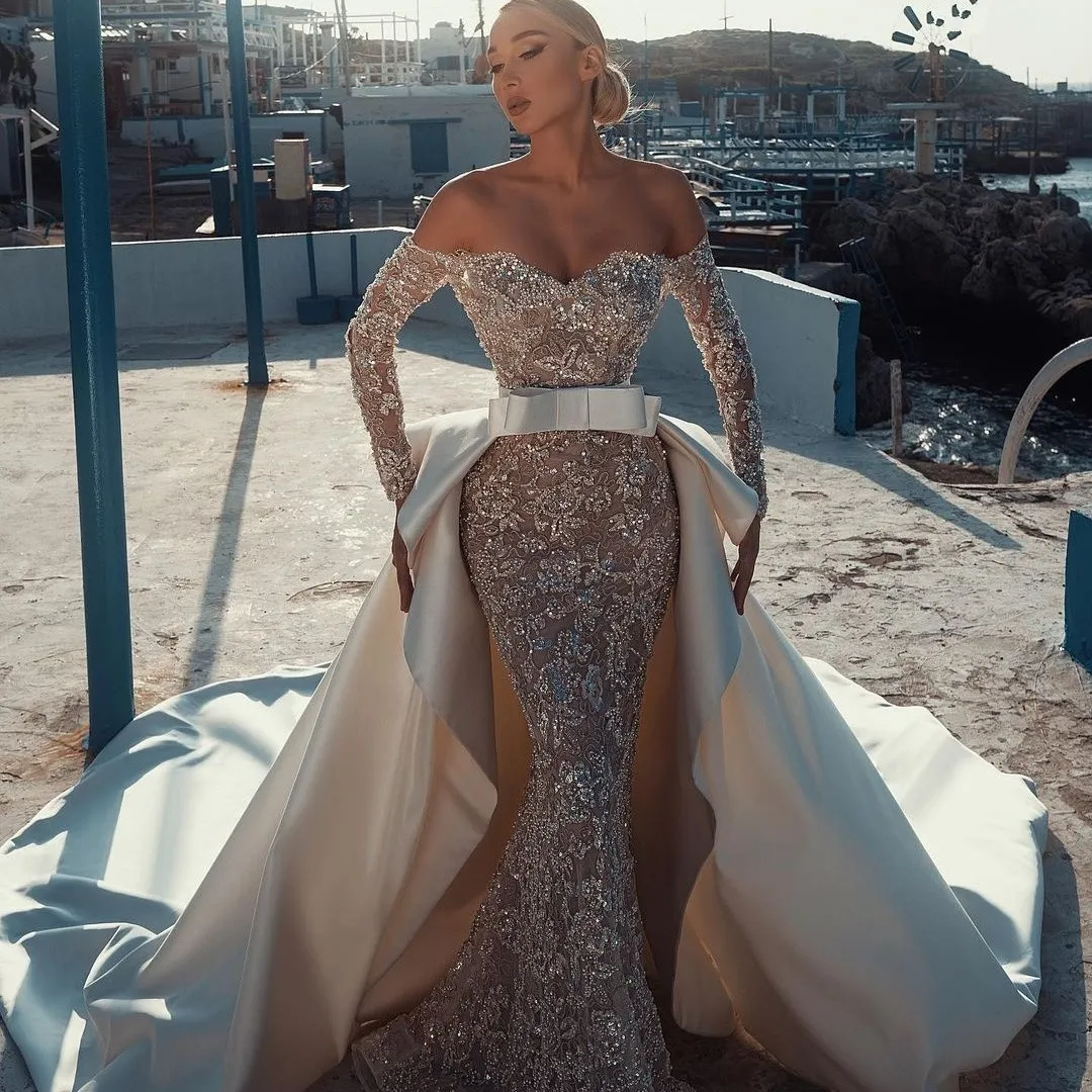 2021 Naken Mermaid Bröllopsklänning med avtagbara tåg Beading Sequins spetsar Långärmade brudklänningar Vestido de Novia