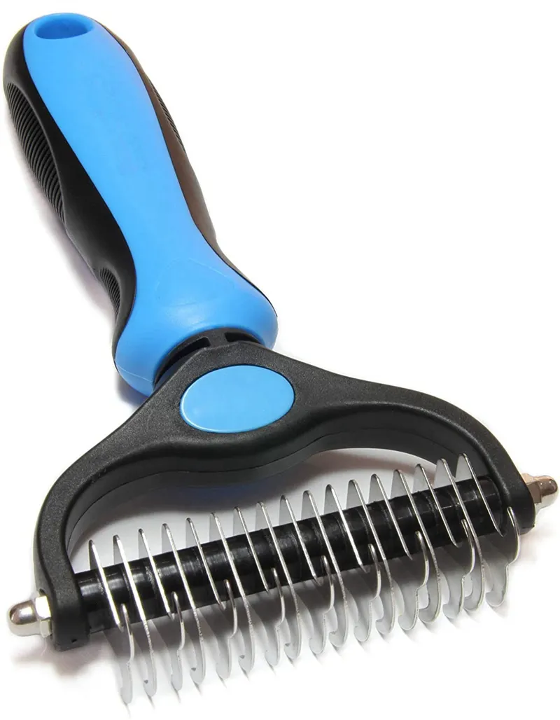 Huisdier Schoonheid Gereedschap Dog Grooming Brush Dubbelzijdig afwerpen en dematteren Ondercoat Rake Kam voor Honden Katten Huisdieren Benodigdheden Extra brede Blue Pink D03