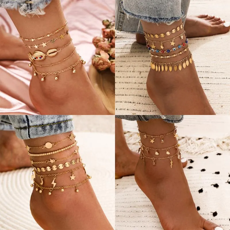 Anklets skiktat guldskalhänge kedja ankelarmband på benen smycken boho charm för kvinnliga tillbehör mujer