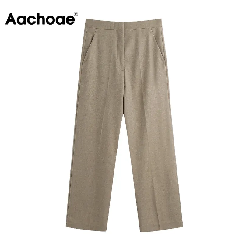 Aachoae kvinnor casual khaki byxor full längd kontorslitage byxor dragkedja flyger rakt länge med stora pocket pantaloner 210925