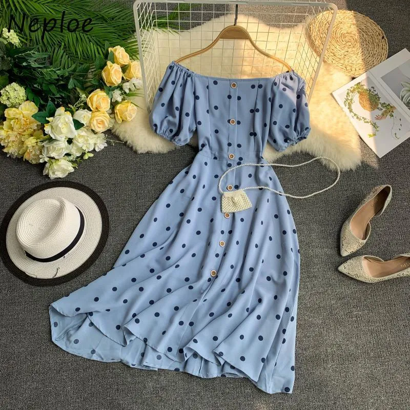 Neploe Sexy Slash Neck Hombro Vestido sin tirantes Mujer Cintura alta Hip A Line Vestidos largos Summer Holiday Robe Dot 210510